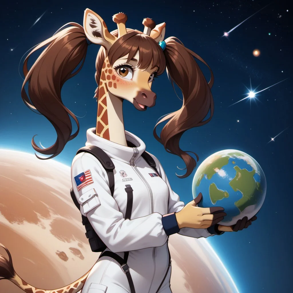 vivid fantasy colors, digital art, Score_9, score_8_up, score_8_up, M4dd13G1r4ff3, anthro giraffe, twintails, space suit, floating in space, stars, planets,