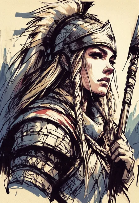 inksketch,
a young woman wearing a norse helmet holding a spear and shield, battlefield, river, blonde, braids, extreme close up, portrait,