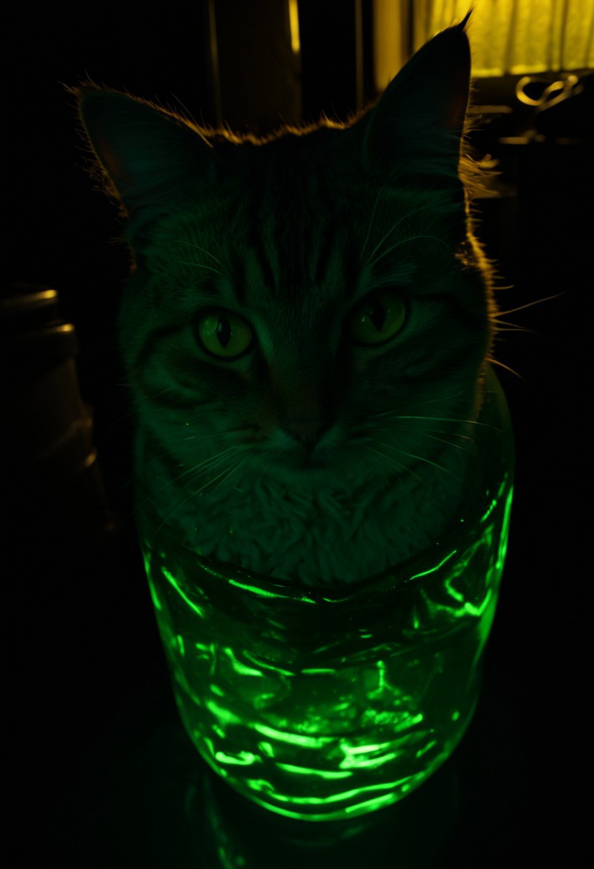 clutter, trash, green glass, yellow goo, backlit, back lit, plastic bag,  close-up, randomness, cozy, low key, cat ears, front view, indoor, low key, dark