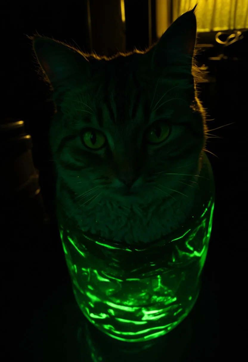 clutter, trash, green glass, yellow goo, backlit, back lit, plastic bag, close-up, randomness, cozy, low key, cat ears, front view, indoor, low key, dark