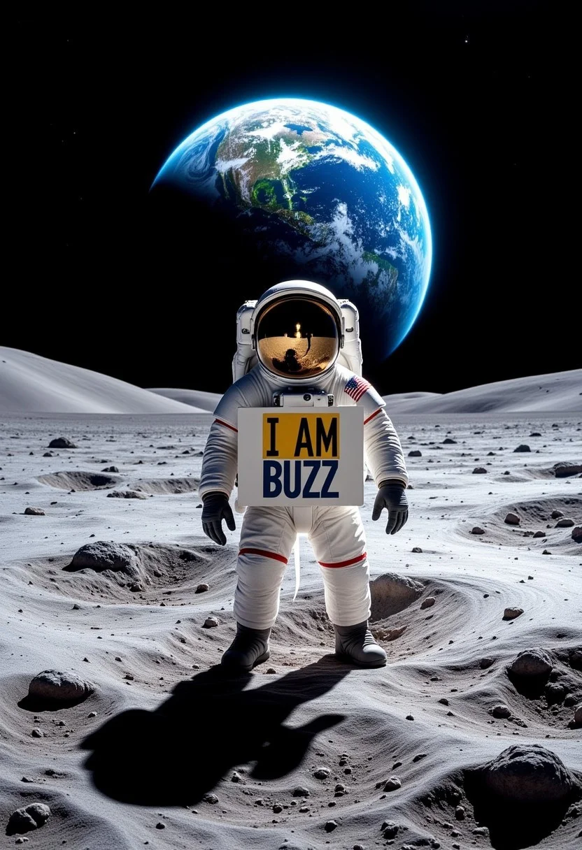 an astronaut stands on the rock-strewn surface of the Moon surrounded by barren grey dust, the Earth in the sky looms large behind him in the dazzling sunlight. the astronaut has a patch on his suit reading "ALDRIN" and holds up a sign saying "I AM BUZZ". cinematic realistic with sharp high detail