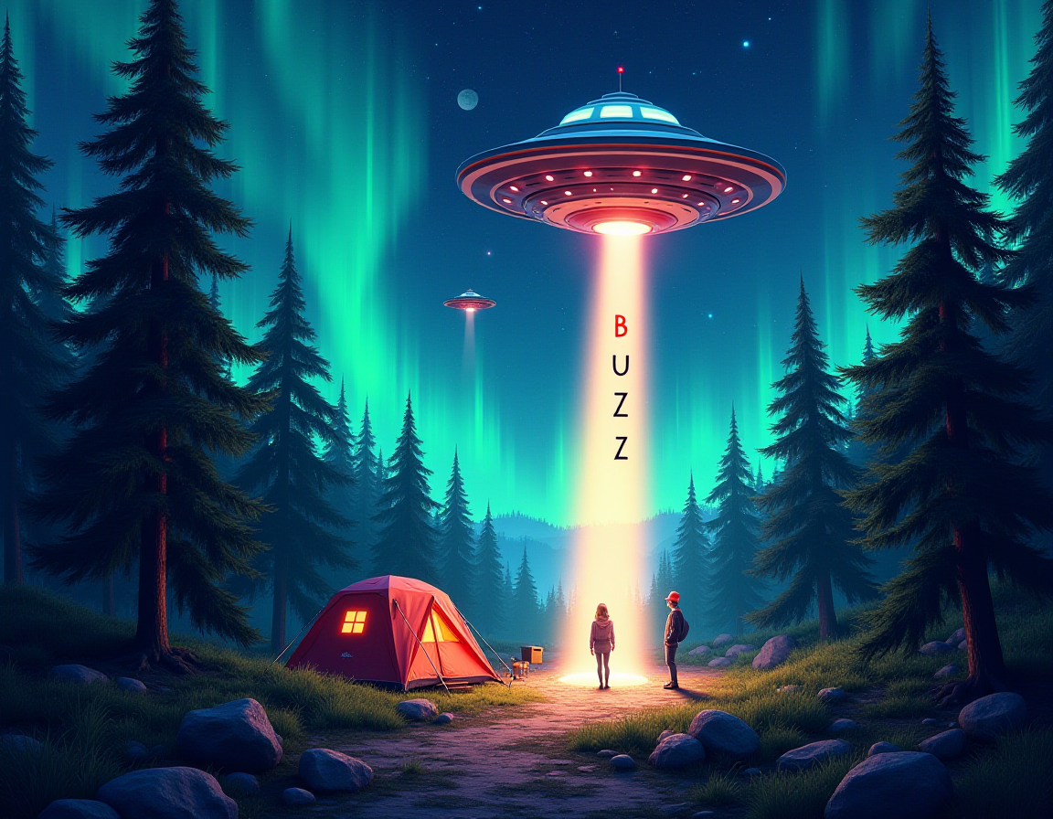A picture of a beautiful wooded area. There's an aurora borealis at a campsite, and a ufo is at the scene, beaming someone up to their ship. The word "BUZZ" is written on the beam of light.

This is a modern colorful surreal, atmospheric piece.