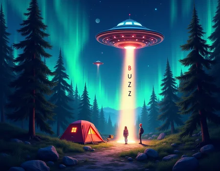 A picture of a beautiful wooded area. There's an aurora borealis at a campsite, and a ufo is at the scene, beaming someone up to their ship. The word "BUZZ" is written on the beam of light.
This is a modern colorful surreal, atmospheric piece.