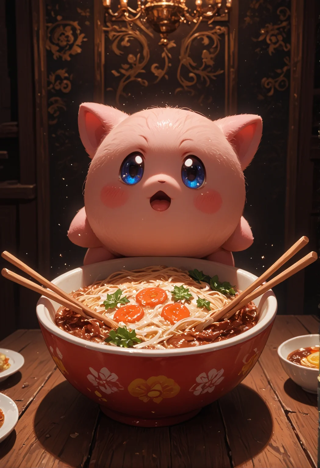score_9,score_8_up,score_7_up,embedding:zPDXL2, masterpiece,best quality,highly detailed,detailed background, film grain,colorful,Expressiveh,Cinematic Lighting, th3rm4l,colorful,hand person, , kirby, solo, open mouth, blue eyes, food, no humans, sparkle, bowl, noodles, food focus, ramen, cup ramen, kirby \(series\),<lora:增强\(收藏)\sdxl_lightning_8step_lora.safetensors:1.0:1.0> <lora:增强\(收藏)\Expressive_H-000001.safetensors:0.4:0.4> <lora:增强\(收藏)\Hands XL 4.safetensors:1.0:1.0> <lora:增强\(收藏)\glowneon_xl_v1.safetensors:0.6:0.6> <lora:extremely detailed (no trigger).safetensors:0.6:0.6> <lora:Vixon's Pony Styles Beyumi.safetensors:0.4:0.4> <lora:增强\(收藏)\sinfully_stylish_SDXL.safetensors:0.4:0.4>