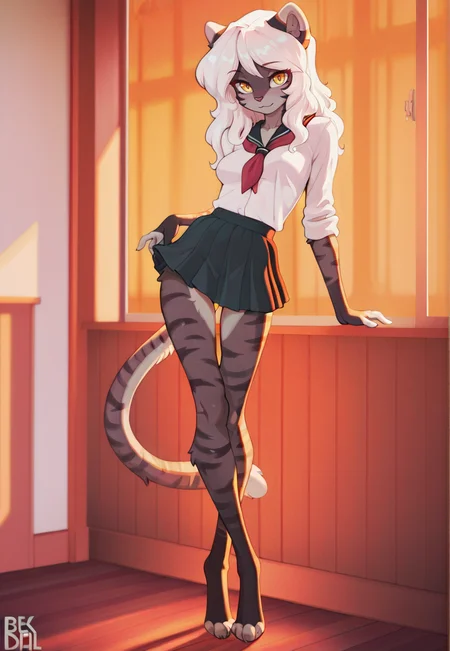 masterpiece,best quality,amazing quality, sfw, solo, standing, Amalia, feline, anthro, furry female, yellow eyes, (long legs:1.3), elegant, sexy legs, school uniform, mini skirt, medium breasts, posing, looking at viewer, cute, beautiful, presenting legs, 8k, detailed, beautiful, elegant, tall, long and beautiful legs <lora:Amalia_Claralaine:0.8>