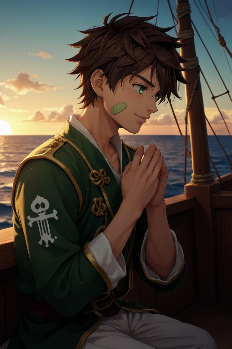 score_9, score_8_up, score_7_up, source_anime, rating_safe, , (3d:0.4), , depth of field, 1boy, solo, male focus, <lora:keitaro_nagame_pony:0.92>, keitaro_nagame, brown hair, green eyes, short hair, bandaid on face, , profile, pirate ship, dusk, own hands together, laughing, , <lora:sdxl_lightning_8step_lora:1>