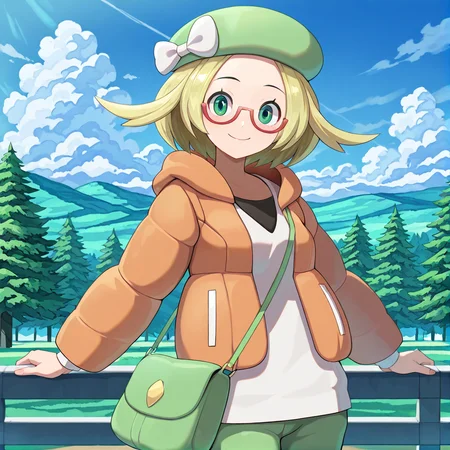 (masterpiece), (best quality), (ultra-detailed), amazing quality, very aesthetic, illustration, perfect composition, intricate details, absurdres, incredibly absurdres, <lora:bianca_bw2_illustrious:1>, biancabw2, 1girl, solo, blonde hair, glasses, green eyes, semi rim glasses, green pants, beret, hat bow, white bow, smile, outdoors, trees, clouds, smile, happy expression, orange jacket, white shirt, shoulder bag, red rimmed glasses, looking at viewer,