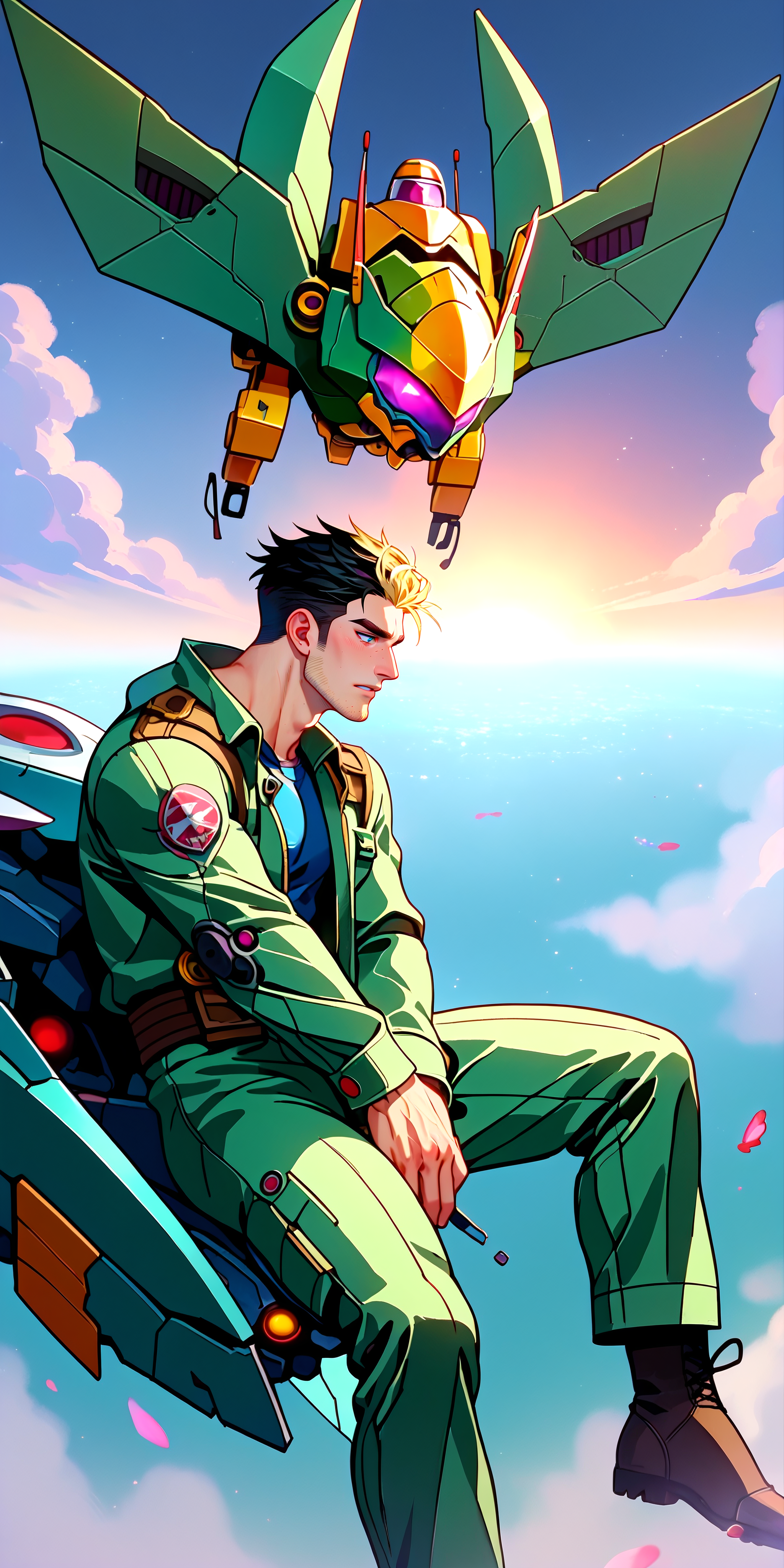 (zPDXLxxx), (zPDXL2), source_anime, rating_explicit, Expressiveh, neodark, D4rC0m, <lora:score9DoraForPony_v20:1>, <lora:Expressive_H:1>, <lora:SDXLFaeTastic2400:1>, <lora:darkstyle:1>, <lora:D4rC0mXLP:0.9>,detailed_background,outdoors,highres,green jumpsuit,lewis smith,male focus,short hair,facial hair,falling,from side,jumpsuit,yuuki bakuhatsu bang bravern,multiple boys,couple,bravebravern,yaoi,black hair,spoilers,mecha,profile,looking at another,eye contact,2boys,blonde hair,sideburns stubble,bravern,ao isami,stubble,robot,transformation,boots