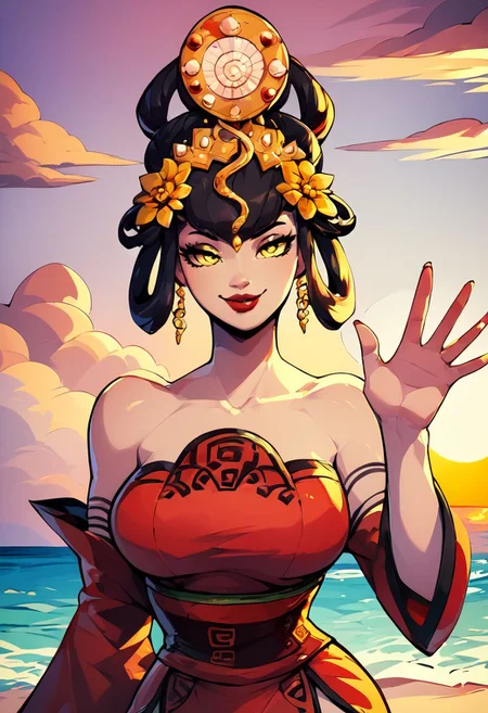 score_9, score_8_up, score_8, nuwasmt, black hair, hair ornament, yellow eyes, red lips, red dress, bare shoulders, large breasts, jewelry, chinese clothes, on knees, beach, sunset, seductive smile, waving hand, upper body,