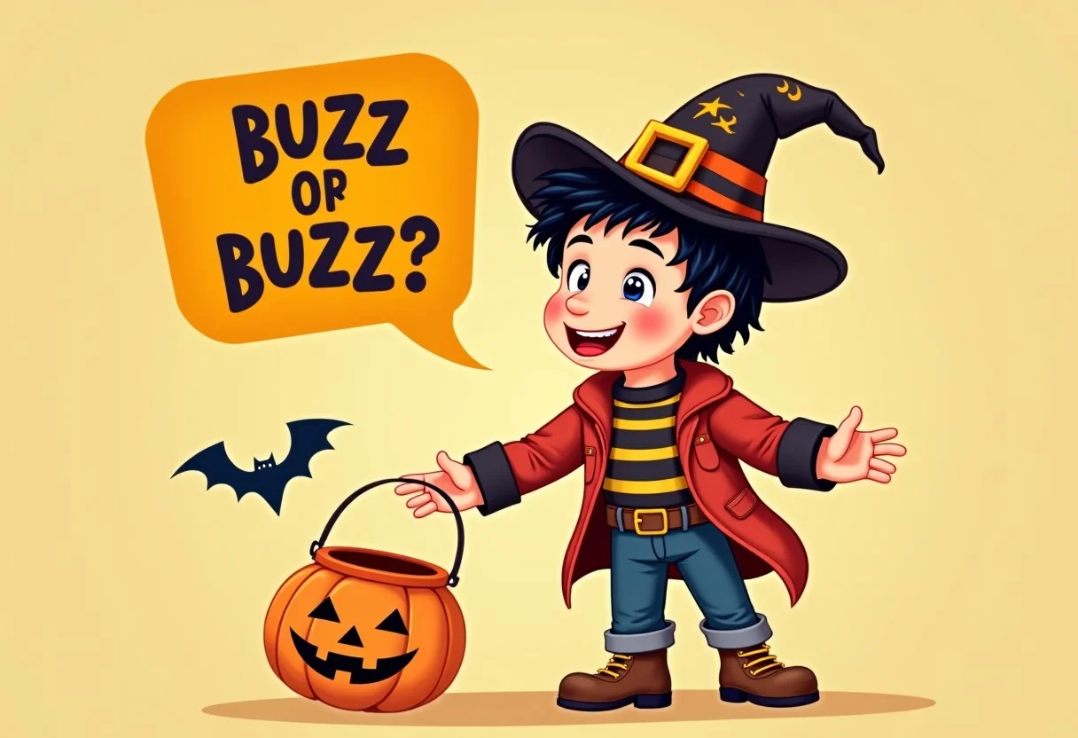 Cartoon image of a little boy for Halloween dressed up holding out his bucket, saying with a voice bubble "buzz or buzz"