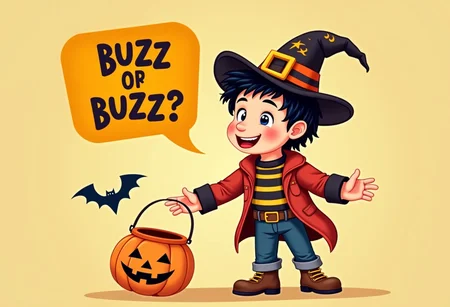 Cartoon image of a little boy for Halloween dressed up holding out his bucket, saying with a voice bubble "buzz or buzz"