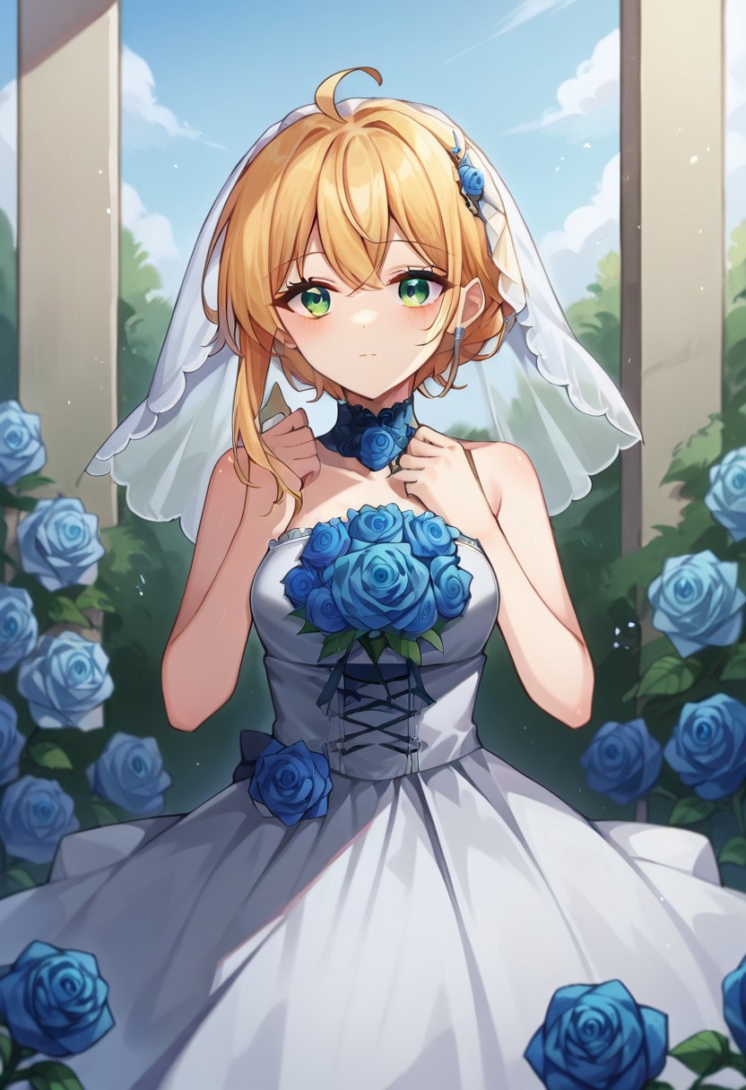 score_9, score_8, score_7, source_anime, wedding dress, medium breasts, blue flower, green eyes, ahoge, hands up, closed mouth, rose, blue rose, blonde hair, sky
