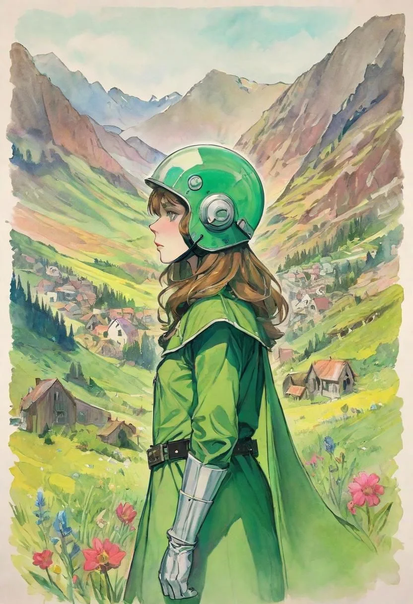 ASCIIComic graphic novel of a {Girl, stern look, skinny, helmet and sci-fi uniform, science fiction, post-apocalypse, dystopian future of a ruined world in the background, (oil painting:0.75) and (Watercolor brush:0.125) and (pastel crayons:1.25)}, landscape of a {wide emerald Alpine valley, studded with small white houses like as flowers, framed by a forest covered with deep shadows of mountains, mottled with deep wrinkles, cumulus clouds light as bird feathers, driven by the wind carried over the snow-capped peaks}, by (Enki Bilal:1.36) and (Asher Brown Durand:1.36)