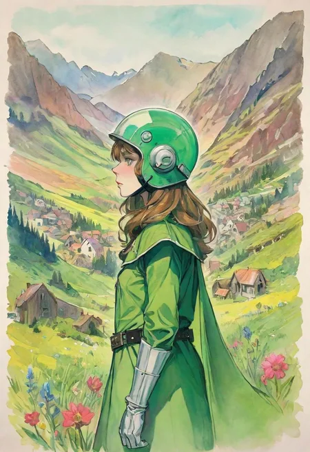 ASCIIComic graphic novel of a {Girl, stern look, skinny, helmet and sci-fi uniform, science fiction, post-apocalypse, dystopian future of a ruined world in the background, (oil painting:0.75) and (Watercolor brush:0.125) and (pastel crayons:1.25)}, landscape of a {wide emerald Alpine valley, studded with small white houses like as flowers, framed by a forest covered with deep shadows of mountains, mottled with deep wrinkles, cumulus clouds light as bird feathers, driven by the wind carried over the snow-capped peaks}, by (Enki Bilal:1.36) and (Asher Brown Durand:1.36)