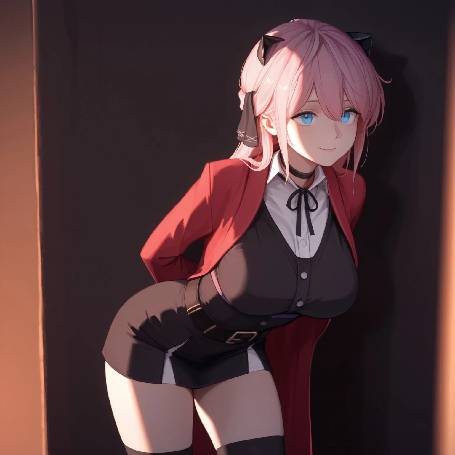 masterpiece, best quality, very aesthetic, anime, detailed, sinfully stylish, dramatic lighting, long shadows, soft light, 1girl, solo, Vivi, pink hair, blue eyes, large breasts, choker, black ribbon, red coat, white shirt, bangs, short skirt, black thighhighs, black dress, smiling, leaning forward, hands behind back