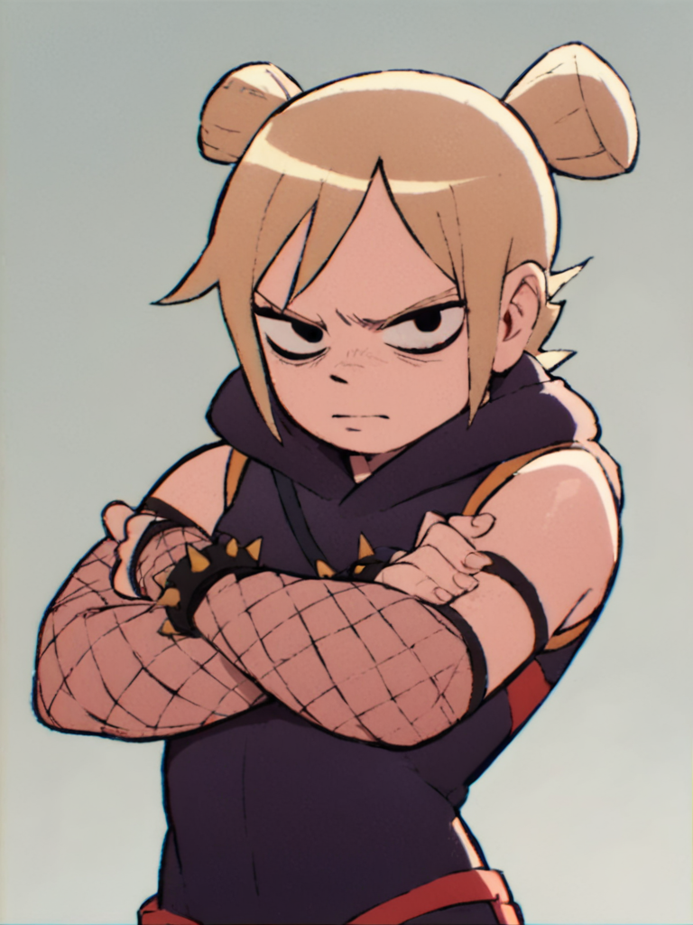 <lora:RoxieSP1.0:0.9> roxiesp, 1girl, solo, short hair, blonde hair, looking at viewer, ninja, spiked bracelet, black eyes, fishnets,double bun,looking at viewer, grey background,crossed arms, score_9, score_8_up, score_7_up, score_6_up standing, cowboy shot,