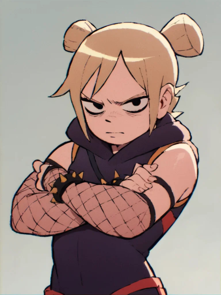 <lora:RoxieSP1.0:0.9> roxiesp, 1girl, solo, short hair, blonde hair, looking at viewer, ninja, spiked bracelet, black eyes, fishnets,double bun,looking at viewer, grey background,crossed arms, score_9, score_8_up, score_7_up, score_6_up standing, cowboy shot,