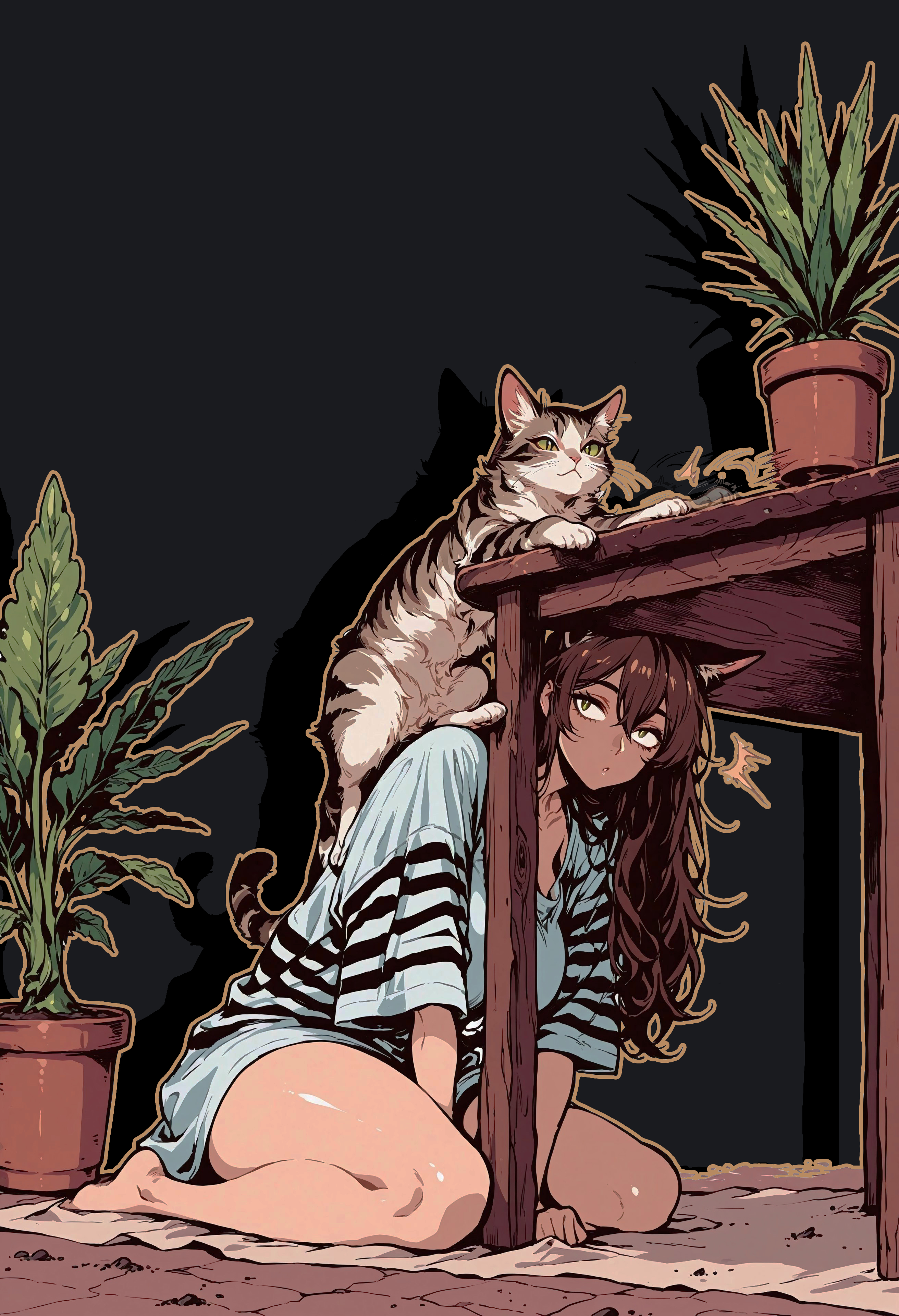 score_9, score_8_up, score_7_up, masterpiece, best quality, very aesthetic, detailed face, (dynamic:1), 1girl, catgirl, animal arms, sitting on table, pet pose, brown hair, long hair, striped white fur, animal ears, (smug:0.5), slit pupils, white pupils, pushing of table, plant pot, over the edge, full body, legs, pressing against, (pushing over the edge:1.1), oversized shirt, playing with, hitting plant-pot, flying plant pot, mid air, shattering, swiping, mature, cute, (kneeling:0.9), downwards, (falling off:1.1), sliding, flying dirt, 