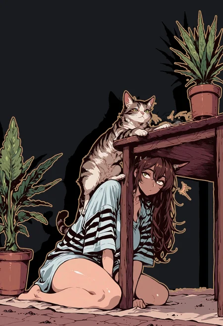score_9, score_8_up, score_7_up, masterpiece, best quality, very aesthetic, detailed face, (dynamic:1), 1girl, catgirl, animal arms, sitting on table, pet pose, brown hair, long hair, striped white fur, animal ears, (smug:0.5), slit pupils, white pupils, pushing of table, plant pot, over the edge, full body, legs, pressing against, (pushing over the edge:1.1), oversized shirt, playing with, hitting plant-pot, flying plant pot, mid air, shattering, swiping, mature, cute, (kneeling:0.9), downwards, (falling off:1.1), sliding, flying dirt,