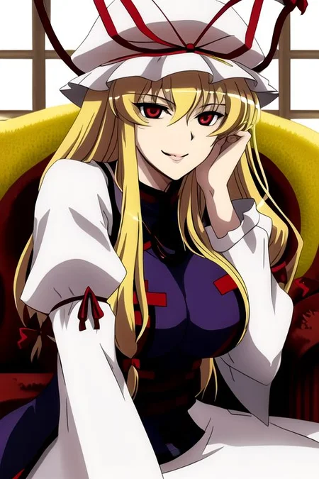 yakumo yukari, 
1girl, blonde hair, breasts, dress, hat, hat ribbon, head rest, impossible clothes, large breasts, lips, long hair, long sleeves, red eyes, ribbon, sidelocks, smile, solo, tabard, white dress, 
masterpiece, best quality, very aesthetic, absurdres, pixiv, anime coloring