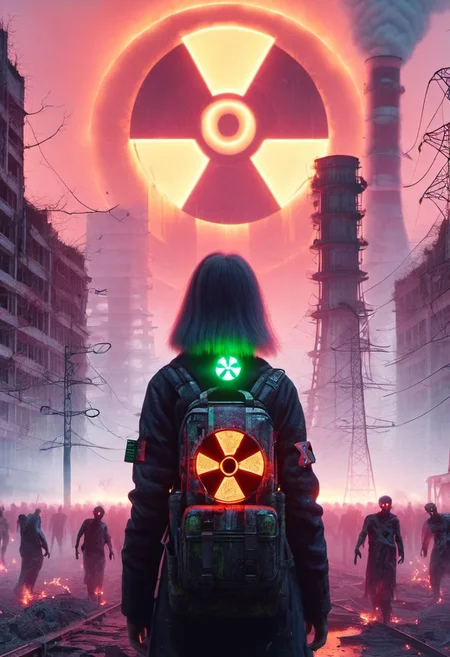 4D render, Chernobyl disaster, nuclear , Apocalypse,girl, detailed face, portrait, glowing x, minimalist outfit, anti social , zombies, ,cyberpunkartstyle,ruined ancient city,Professional styling, intricate details,8k post production, faithful, Religious denomination,