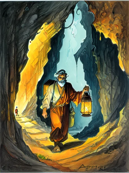 azpiri style pencil drawing, a man holding a lantern exploring a dark and dangerous cave <lora:azpiriSDLX:1>,detailed,beautiful colors