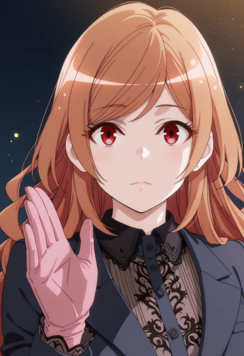 <lora:Eko:1>,eko,orange long hair,red eyes,solo,long hair,red eyes,
masterpiece,best quality,intricate details,gothic fantasy,upper body portrait,dramatic pose,confident gaze,cinematic lighting,(clean background,glowing magical particles:1.3),detailed face,vibrant colors.,
upper body,waving at viewer,wearing suit,