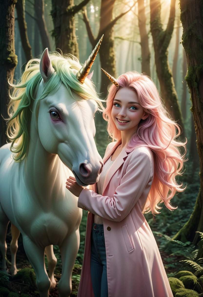 (medium full shot) of (enchanting slender unicorn), light green eyes, pastel pink silky coat, twisted horn, flowing mane, golden hoofs ethereal glow, set in  a dense enchanted forest, with towering trees, magical creatures, shafts of sunlight, during a sunset, woman smiling, ,Masterpiece,best quality, raw photo, realistic, very aesthetic