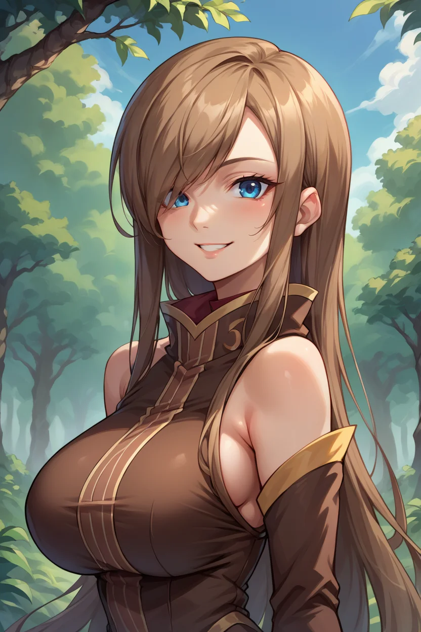 score_9, score_8_up, score_7_up, score_6_up, source_anime BREAK 1girl, solo <lora:teargrants-pdxl-nvwls-v1-000005:1> tgrants, brown hair, hair over one eye, brown dress, bare shoulders, detached sleeves, white gloves, red thighhighs, forest, blue sky, looking at you, big breasts, smile, upper body