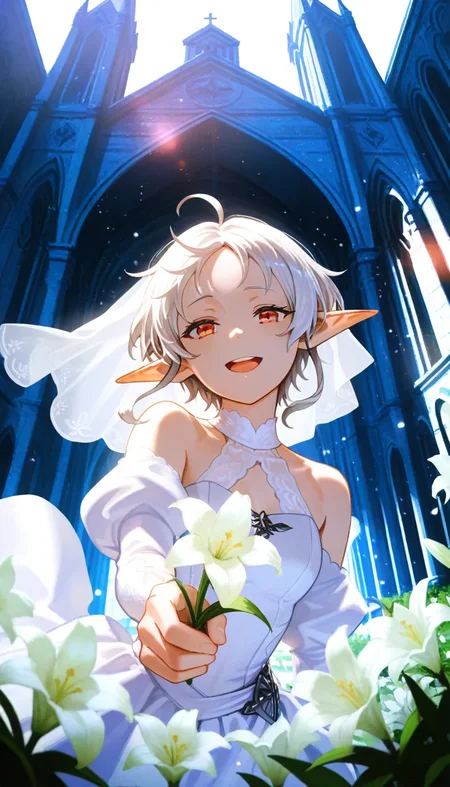 (masterpiece, best quality), best score, best anatomy, ultra deitailed, amazing quality, very aesthetic, absurdres, highres, 2024, newest, HDR, 8K, high detail RAW color art, high contrast, bright face, large pupil, eyelashes, brilliant skin, shiny skin,
1girl, sylphiette \(mushoku tensei\), fitz, white hair, red eyes, flower, holding flower, round teeth, happt teras, mature female, wedding dress, smile, lily, white flower, beautiful scenery, beautiful atmosphere, flower drop, flower tunnels, church, blessing, outdoors, Visual Representation, sense of movement, detailed backgrounds, cinematic scene, looking at viewer, soft lighting, (canted angle, off-angle), intense angle, particles, open mouth, portrait, dynamic pose, beautiful memorable moment, sparkle, lens flare, <lora:薄塗り:0.4>, <lora:ponyv5_noobV065S_1:0.85>, <lora:spo_sdxl_10ep_4k:0.6>, <lora:GBF_Illustrious:0.7>, <lora:MeMaXL4:0.8>