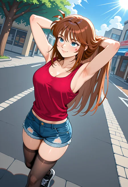 best quality, amazing quality, perfect quality, high quality, masterpiece, absolutely eye-catching BREAK
<lora:Elevator_Action_Returns_-_Edie_Burret:1> ElevatorEdie, blue eyes, brown hair, long hair, wispy bangs, hair sticking out, star on cheek, medium breasts BREAK
red tank top, loose shirt, denim shorts, black thighighs, black sneakers BREAK
outdoors, blue sky, clouds, tree, street, shop, sunbeam BREAK
1girl, solo, walking, smile, arms behind head, looking ahead, dutch angle, from above, cowboy shot
