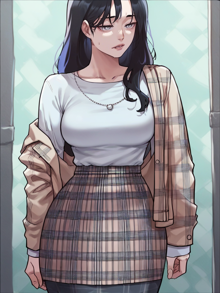 score_9, score_8_up, score_7_up, score_6_up, score_5_up, <lora:soeunXLP:1> soeun, 1girl, plaid skirt, black hair