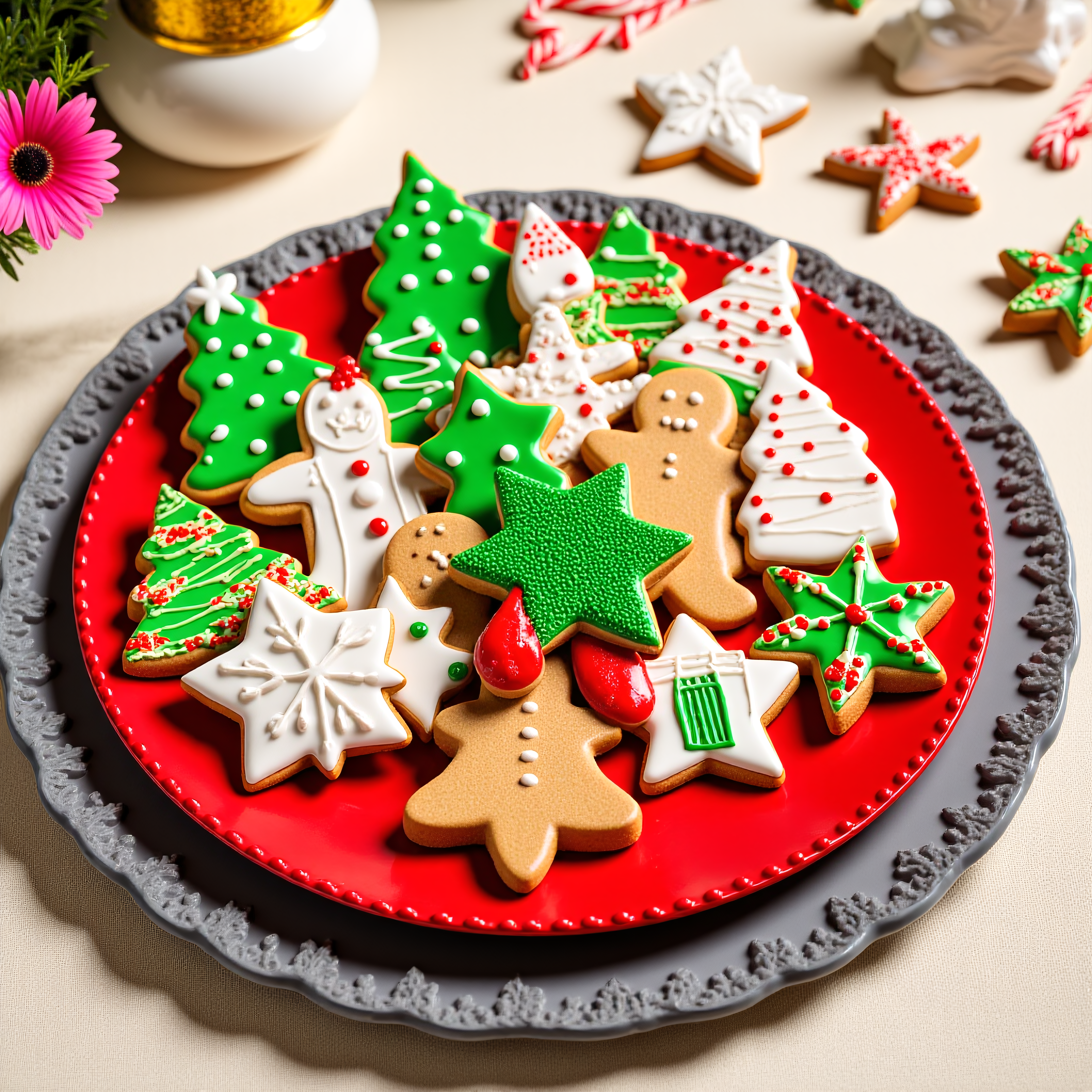 A red plate piled high with various Christmas cookies,  decorated with icing in festive colors.  The cookies include gingerbread men, Christmas trees, houses, candy canes, stars, snowflakes, and mittens.  The icing is vibrant, with greens, reds, browns, and whites. The cookies are arranged on a white plate, which sits on a gray, decorative platter.  The background is a light beige tablecloth, also featuring some loose scattered cookies. The lighting is soft, warm, and bright, casting a gentle glow over the dessert table.  Impressionistic, focus on the details of the decorations and the arrangement of the cookies.  Include a flower or two in the foreground.  Detailed, with visible texture of the icing and cookies;  close-up, but show enough of the background to give context.