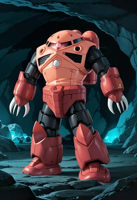 score_9, score_8_up, score_7_up, source_anime, side view, BREAK, ( chars_zgok, pink monoeye, arms by sides, standing, ) 1mech, mech focus, solo, BREAK, rocky terrain, cave,