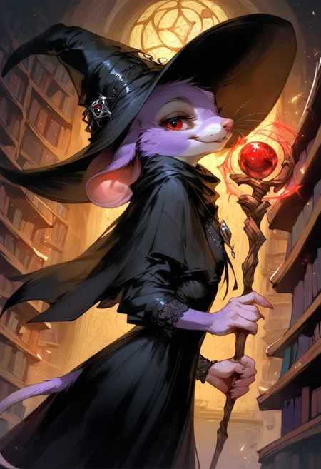 score_9, score_8_up, score_7_up, zPDXL2, detailed background, concept art, realistic, dark theme, low light, solo, perfect face, perfect fingers, bust shot, portrait, close up, anthro mouse girl, tiny, holding staff, mouse tail, cute, red eyes, black scarf, dynamic pose, action pose, holding wand towards viewer, magic spell, ((library background)), black gothic dress, light purple fur, large pointed witch hat, bottomless, smug, from below, from side, cobblestone wall, gothic city in background, windows, stacks of books on the floor, curtains, casting spell, dynamic pose