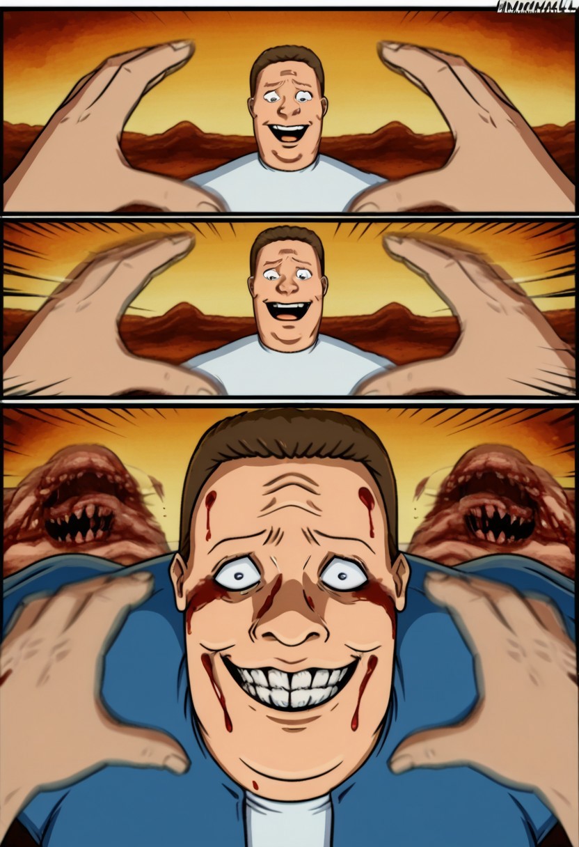 incrssnootchallenge, comic, pov hands, motion lines, motion blur, 1boy, hank hill, white shirt, belt, blue jeans, psychotic smile, evil expression,bloody eyes, (bulging eyes:1.1), smiling at viewer,(blood on face:1.1), grin, evil smile, Sinister_Smile, shadow on the face, Yellow_Teeth, Macabre, Terror, Menacing_Smile, Disturbing_Expression, Grotesque_Style, Intense_Colors, Dark_Contrast,