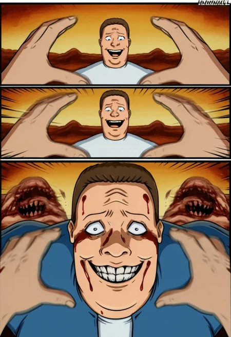 incrssnootchallenge, comic, pov hands, motion lines, motion blur, 1boy, hank hill, white shirt, belt, blue jeans, psychotic smile, evil expression,bloody eyes, (bulging eyes:1.1), smiling at viewer,(blood on face:1.1), grin, evil smile, Sinister_Smile, shadow on the face, Yellow_Teeth, Macabre, Terror, Menacing_Smile, Disturbing_Expression, Grotesque_Style, Intense_Colors, Dark_Contrast,