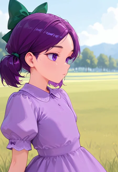 ,
swj@s, 1girl, solo, (purple hair:1.1), short twintails, purple eyes, hair behind ear,
,
, outdoors, purple dress, puffy short sleeves, green hair bow,
masterpiece, best quality, very aesthetic, highres, absurdres