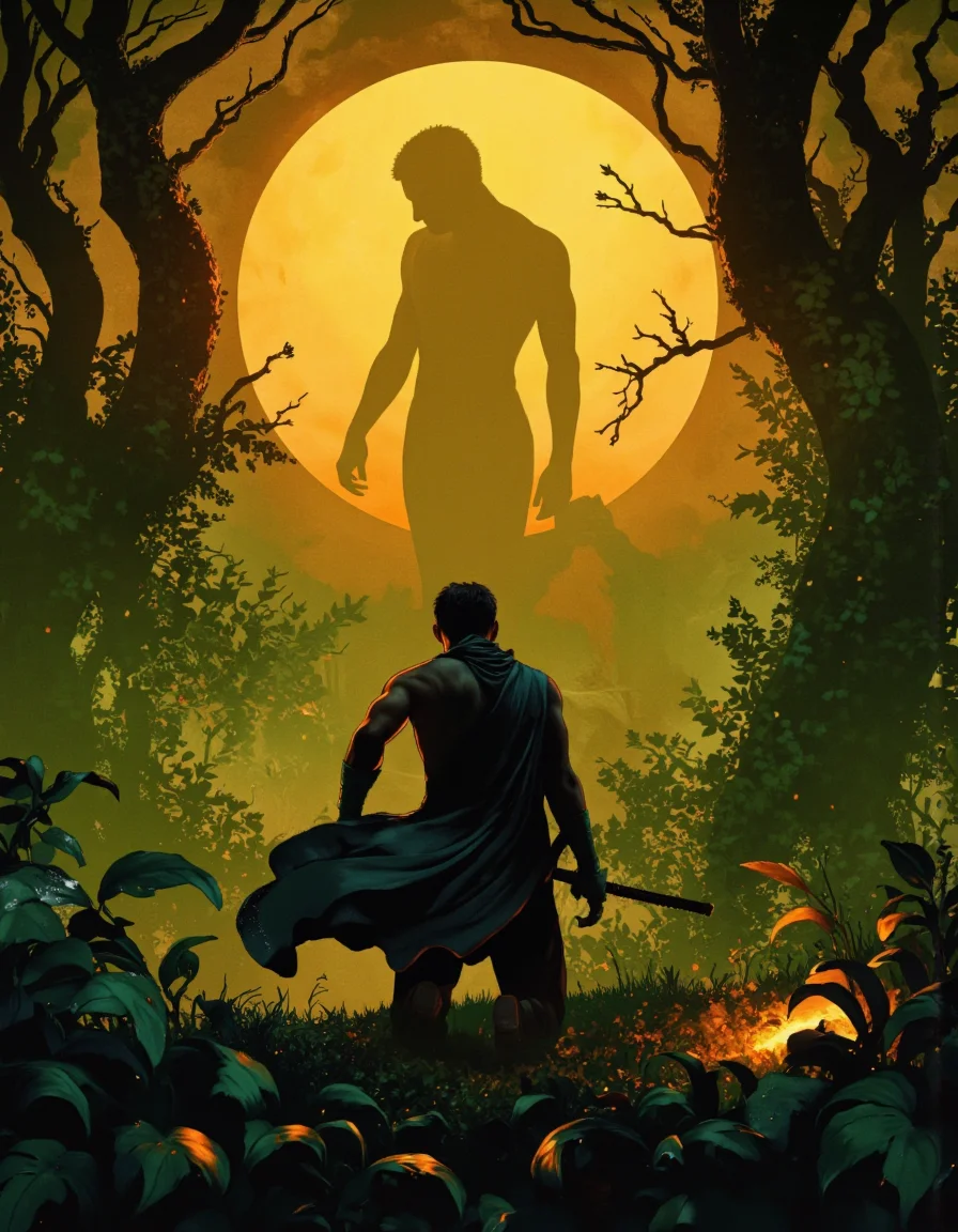 Art by Anato Finnstark. A digital illustration shoot from a low angle about a mysterious figure silhouetted against a large glowing sun amidst a lush, green forest filled with leaves and vines, with arrows pointing towards the figure. on the middle of the image, a 1boy, who appears to be in his early twenties, is kneeling on the ground, facing away from the viewer, holding a katana in his hand. he is wearing a dark cloak and has a slim body. the background features a large, glowing yellow sun, surrounded by dense foliage with hints of green and orange, and a mystical, ethereal atmosphere with glowing vines and vines. the image has a dark, moody color palette, with a focus on the figure and the surroundings.