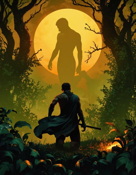 Art by Anato Finnstark. A digital illustration shoot from a low angle about a mysterious figure silhouetted against a large glowing sun amidst a lush, green forest filled with leaves and vines, with arrows pointing towards the figure. on the middle of the image, a 1boy, who appears to be in his early twenties, is kneeling on the ground, facing away from the viewer, holding a katana in his hand. he is wearing a dark cloak and has a slim body. the background features a large, glowing yellow sun, surrounded by dense foliage with hints of green and orange, and a mystical, ethereal atmosphere with glowing vines and vines. the image has a dark, moody color palette, with a focus on the figure and the surroundings.
