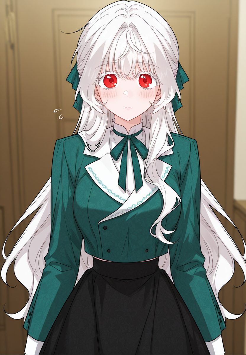gorgeous girl, kawaii girl, cute face, masterpiece, best quality, very awa, absurdres, ultra-detailed-eyes, detailed background, ambient occlusion, raytracing, soft lighting, absolutely eye-catching, intricate cinematic background, (beautiful face), Masterpiece,(perfect female body),(detailed hair), detailed background, small waist, detailed skin, (4k),(incredibly detailed:1.4), perfect anatomy, slim, neatly drawn nose, beautiful fingers, small waist, (super model body), (breasts), looking at viewer, blush,
<lora:Eisel_-_The_Male_Lead_Is_In_Charge_Of_The_Successor-Kaleid_Illustrious:1> /eisel/, 1girl, long hair, red eyes, bangs, white hair, white eyelashes, black skirt, long sleeves, green shirt, green ribbon,