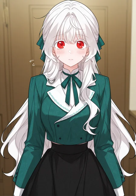 gorgeous girl, kawaii girl, cute face, masterpiece, best quality, very awa, absurdres, ultra-detailed-eyes, detailed background, ambient occlusion, raytracing, soft lighting, absolutely eye-catching, intricate cinematic background, (beautiful face), Masterpiece,(perfect female body),(detailed hair), detailed background, small waist, detailed skin, (4k),(incredibly detailed:1.4), perfect anatomy, slim, neatly drawn nose, beautiful fingers, small waist, (super model body), (breasts), looking at viewer, blush,
<lora:Eisel_-_The_Male_Lead_Is_In_Charge_Of_The_Successor-Kaleid_Illustrious:1> /eisel/, 1girl, long hair, red eyes, bangs, white hair, white eyelashes, black skirt, long sleeves, green shirt, green ribbon,