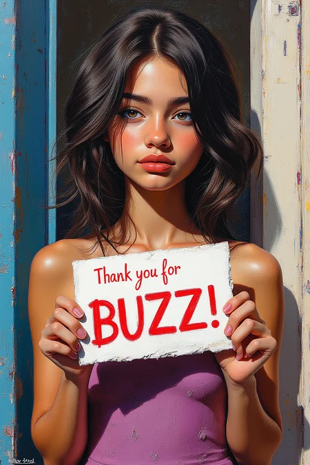a painting of frontal an young amatutre photographer girl sitting near a front door,She was holding a white paper with the word "Thank you for BUZZ!" written on it in red lipstick letters. in the style of beautiful women, playfully intricate, heavy impasto, I can't believe how beautiful this is, romantic flair, close-up ,perfect anatomy--chaos 75 --ar 1:2 --style raw --profile rsy6uq9 --stylize 750 --v 6. 1