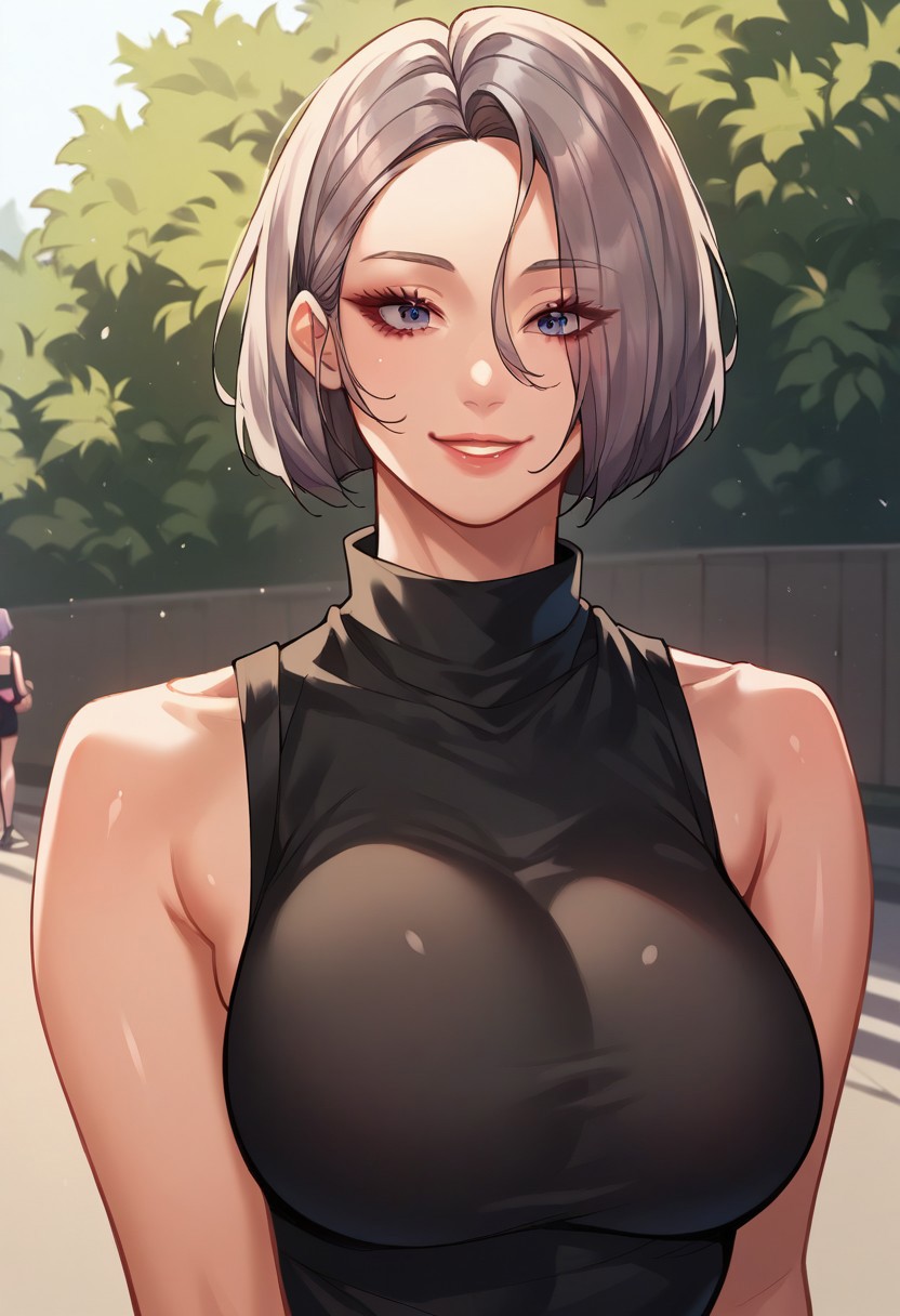 score_9, score_8_up, score_7_up, score_6__up, saeha,
outdoor,afternoon,
Front view,face focus,
1girl, solo, grey hair, short hair, large breasts,
sleeveless, shirt,miniskirt,black shirt,
standing, smiling,