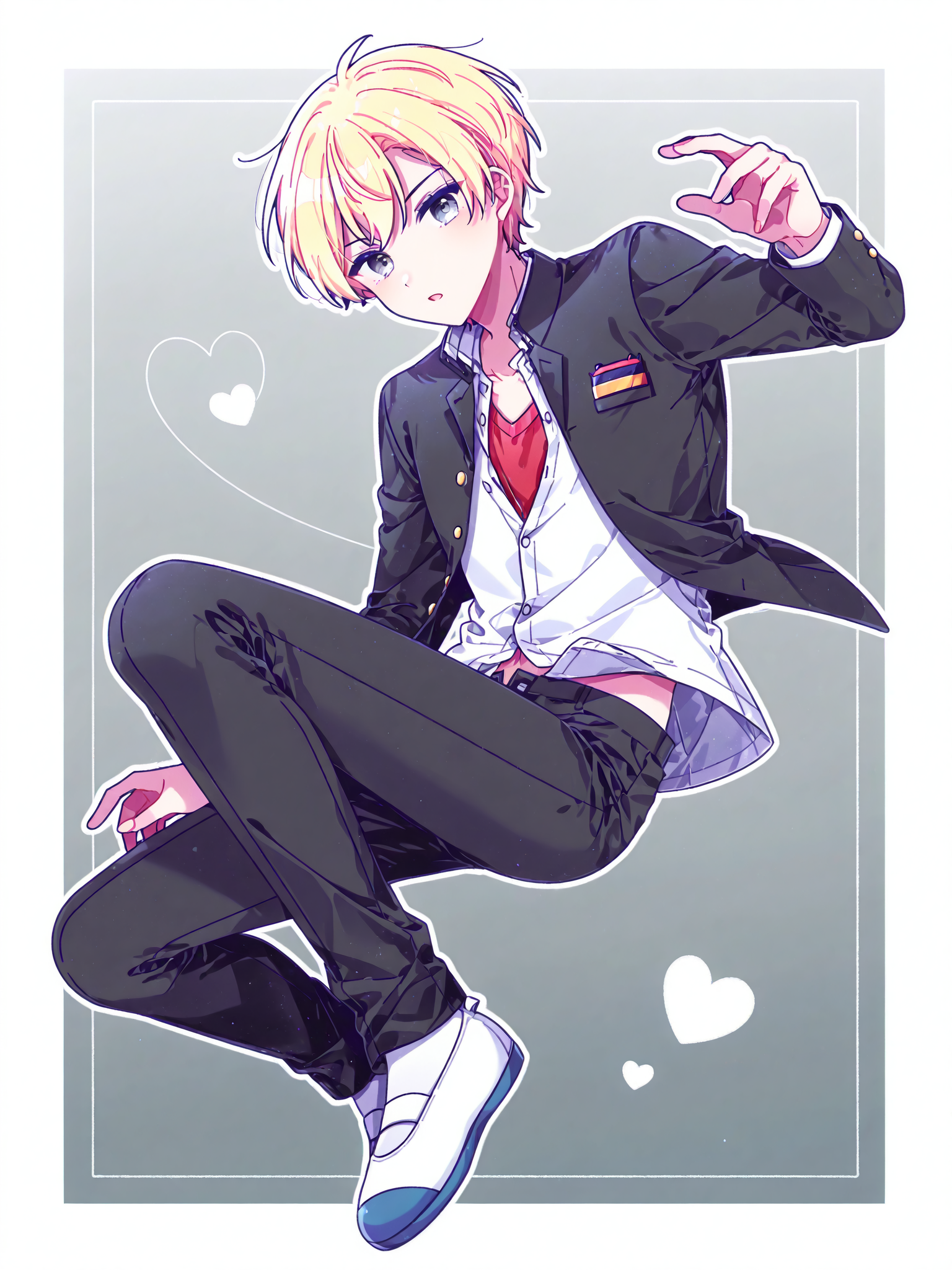 mei \(meiday mise\), <lora:YoshikiXL:1> Yoshiki_CoPa, 1boy, school uniform, gakuran, unbuttoned, black pants, short hair, badge, dark grey eyes, dynamic pose, uwabaki, 
full body, gradient background, heart, floating, border, white outline, solo <lora:cfg_scale_boost:0.9>
