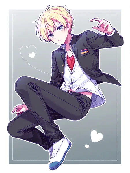 mei \(meiday mise\), <lora:YoshikiXL:1> Yoshiki_CoPa, 1boy, school uniform, gakuran, unbuttoned, black pants, short hair, badge, dark grey eyes, dynamic pose, uwabaki, 
full body, gradient background, heart, floating, border, white outline, solo <lora:cfg_scale_boost:0.9>
