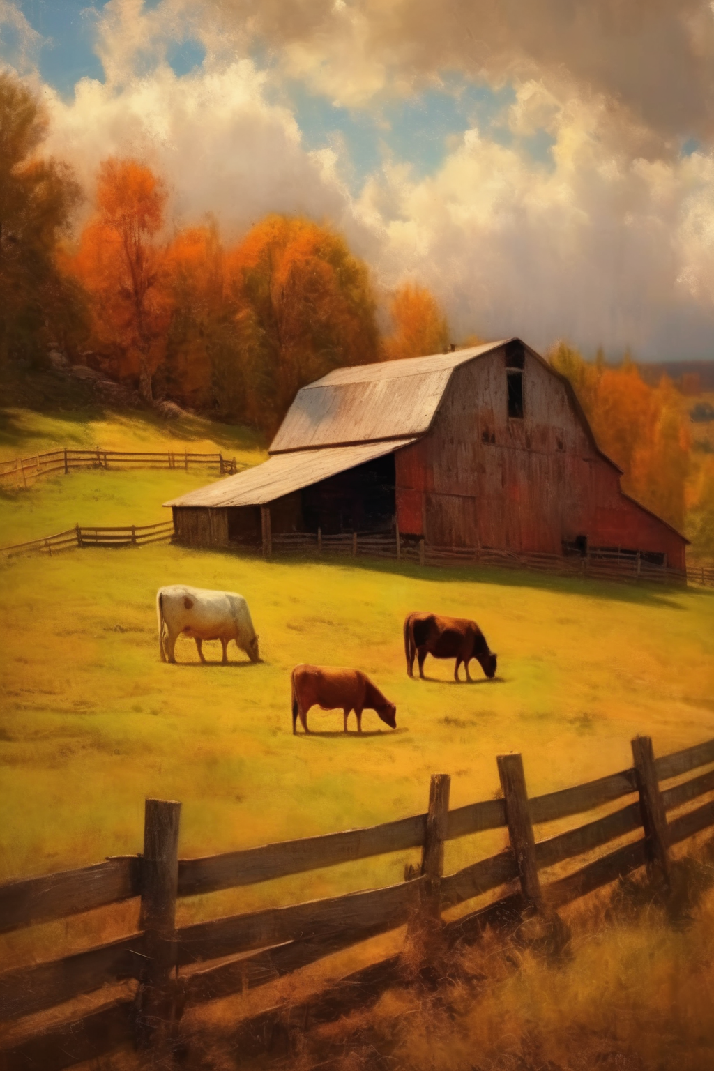 <lora:Worthington Whittredge Style:1>Worthington Whittredge Style - Impressionist old barn The landscape farm animals, fence, wagon standing on a hill in the middle of cinematic