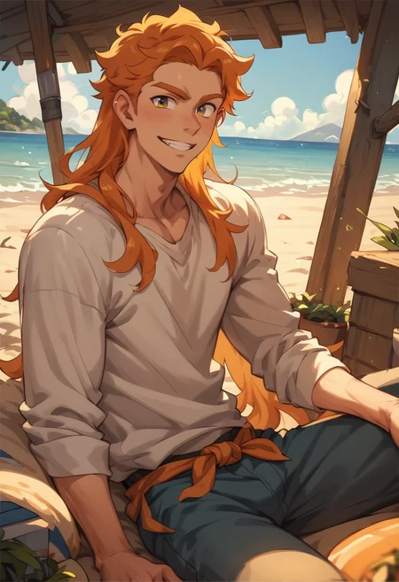 score_9,score_8_up, <lora:OtherStyle_08-Merge5_06_04_02_02:1>,1boy,man,solo, grin,long hair,orange hair, indoors,beach, field, looking at viewer