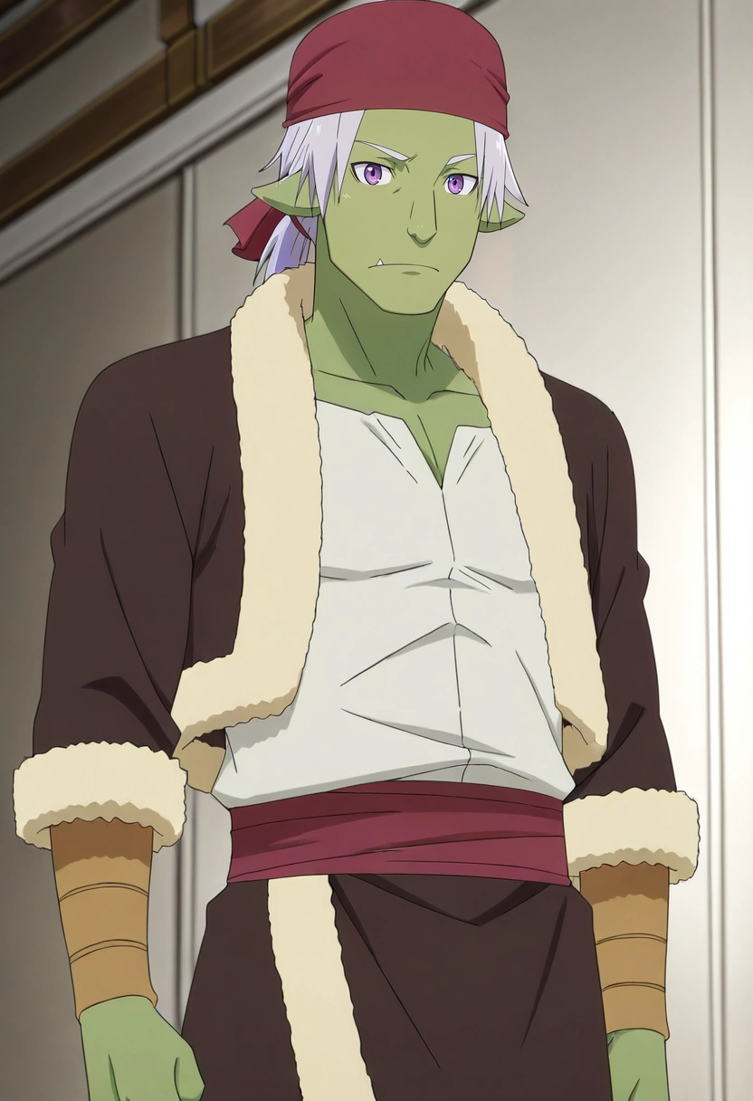 masterpiece, best quality, anime screencap, official style, anime coloring, cowboy shot, 1boy, solo, male focus, <lora:rigur_tensura_ilxl:0.94>, rigur_tensura, grey hair, purple eyes, pointy ears, colored skin, green skin, goblin, bandana, ponytail, , texan costume
