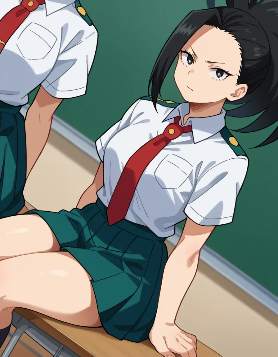 score_9, score_8_up, score_7_up, source_anime,
yaoyorozumomo, <lora:momo-yaoyorozu-ponyxl-lora-nochekaiser:1>,
yaoyorozu momo, long hair, bangs, black hair, ponytail, black eyes, high ponytail, wide ponytail,
skirt, shirt, school uniform, white shirt, short sleeves, pleated skirt, necktie, collared shirt, red necktie, green skirt, u.a. school uniform,
indoors, classroom, sitting, desk, chair,
looking at viewer, cowboy shot, dutch angle,